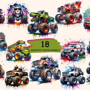 Monster Truck PNG Bundle, Monster Jam Sublimation Clipart beinhaltet Zombie, Krankenwagen, Schulbus, Feuerwehrauto, Polizei, Halloween, Weihnachten