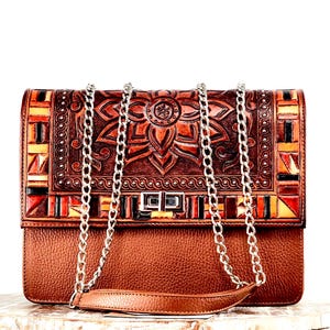 Luxury Hand Tooled Leather Bag, Mexican Artisan Chiseled Embossed Leather Crossbody
