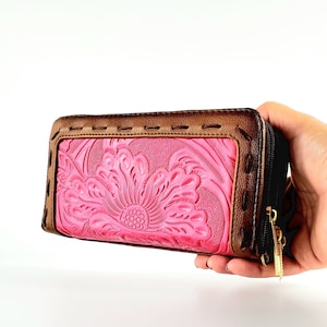 Mexican leather wallet  three zippers-Mexican Flowers-Mexican Wallet-Artisanal Wallet-Cartera de Piel-Cartera de Cuero-Cartera Mexicana