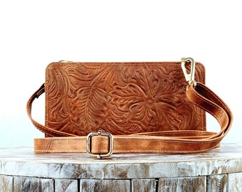 Mexican Wallet- Tooled Mexican Hand Bag- Artisanal Purse- Leather Crossbody- Bolsa Artesanal- Bolsa de Piel Mexicana- Bolsa de Cuero
