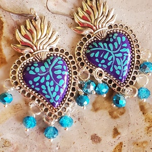 Mexican Earrings-Talavera style Mexican earring-Boho Earrings-Hand Painted Earrings-Sacred Heart-Valentine&#39;s Day