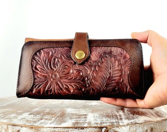 Mexican leather wallet  three zippers-Mexican Flowers-Mexican Wallet-Artisanal Wallet-Cartera de Piel-Cartera de Cuero-Cartera Mexicana