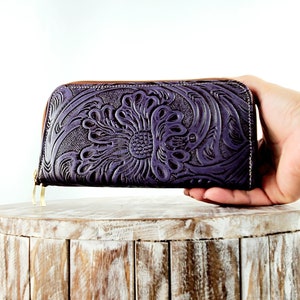 Mexican leather wallet  three zippers-Mexican Flowers-Mexican Wallet-Artisanal Wallet-Cartera de Piel-Cartera de Cuero-Cartera Mexicana