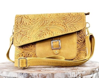 Tooled Leather Envelope Clutch, Handmade Mexican Artisan Purse, Genuine Leather