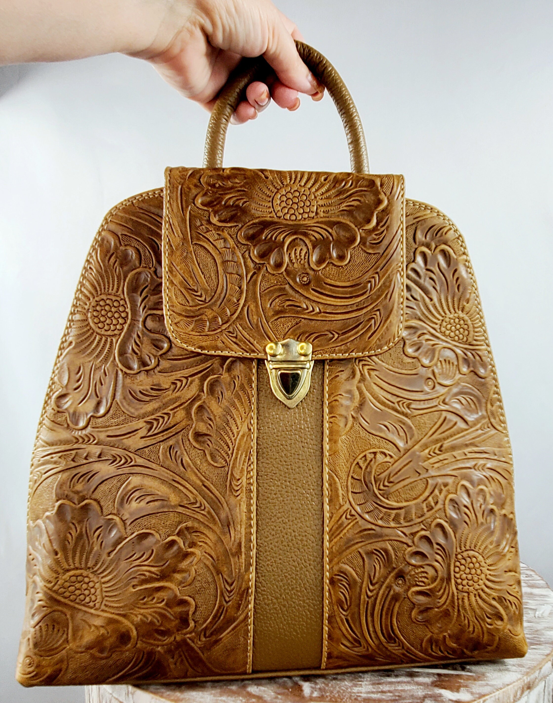 Tooled Leather Sling Backpack Floral Made In Mexico Boho Cream/Brown 9\
