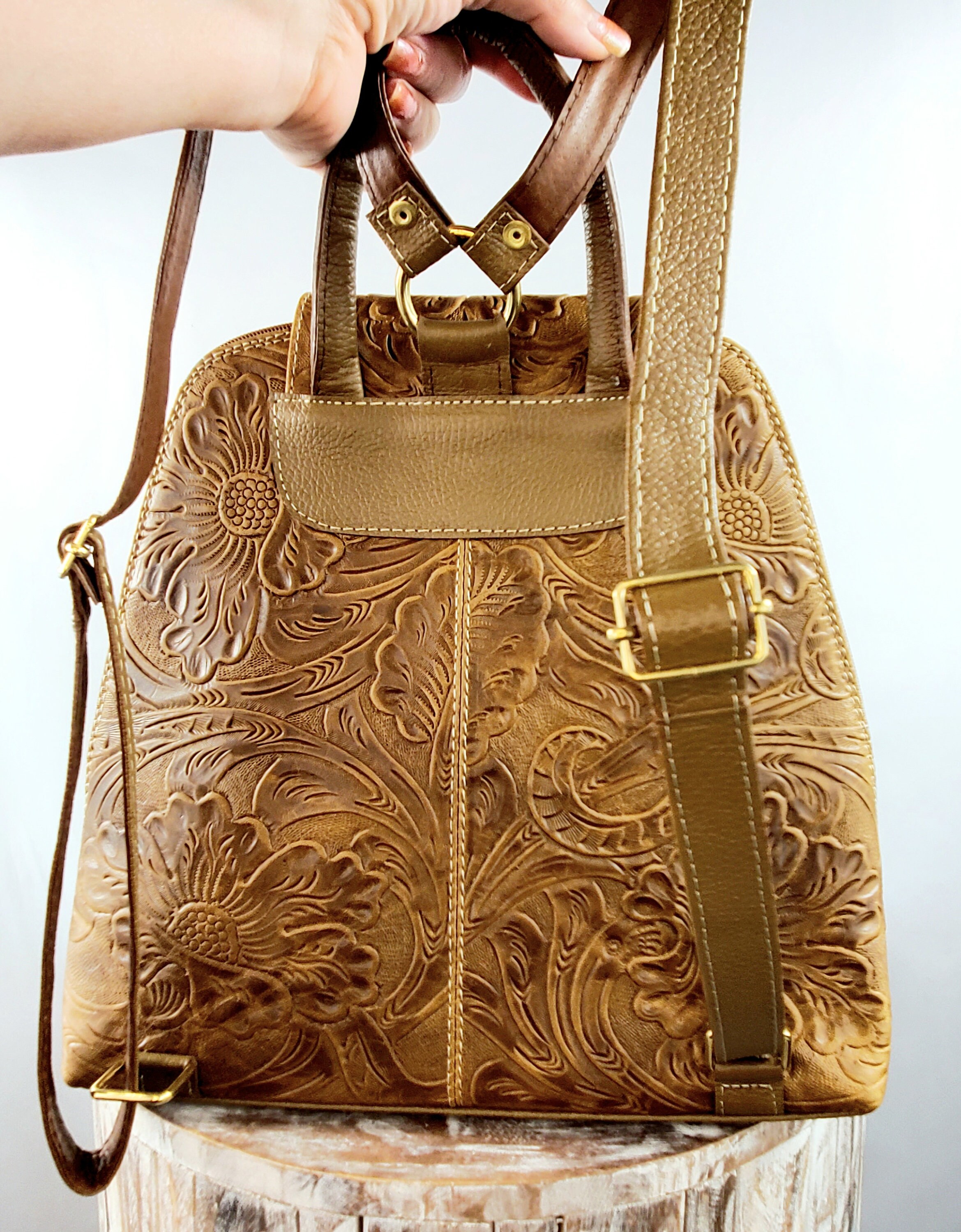 Handmade Tooled Leather Backpack: Mexican Floral Design - Etsy display picture 2