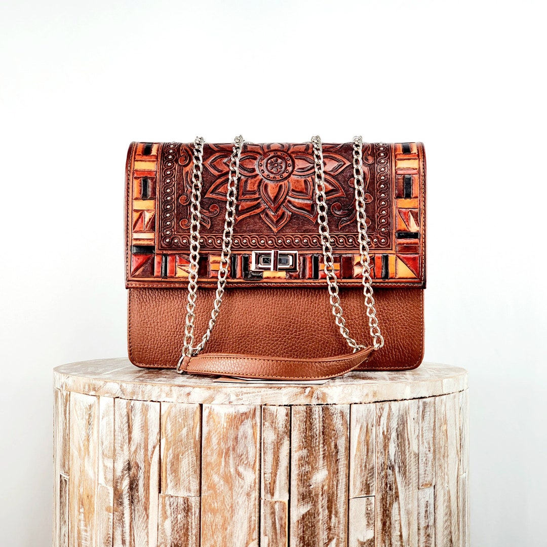 Mexican Purse-envelope Handbag Tooled Leather Crossbody- High