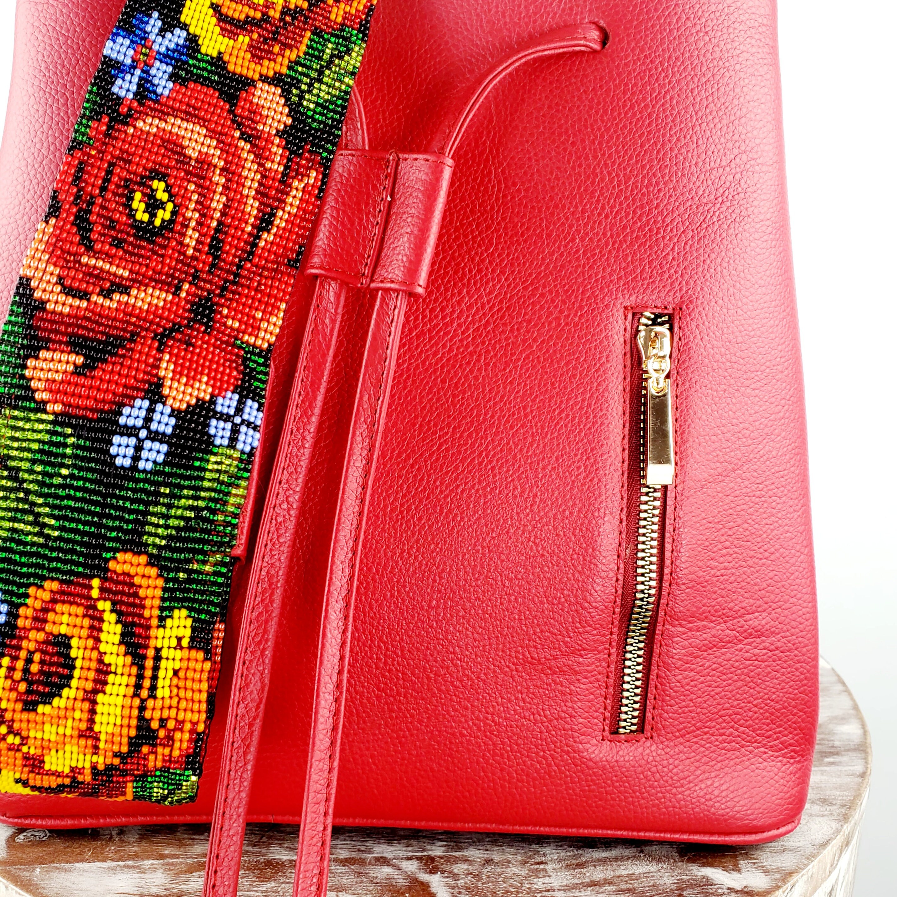 Mexican Backpack-artisanal Leather Backpack With Huichol Art  display picture 2