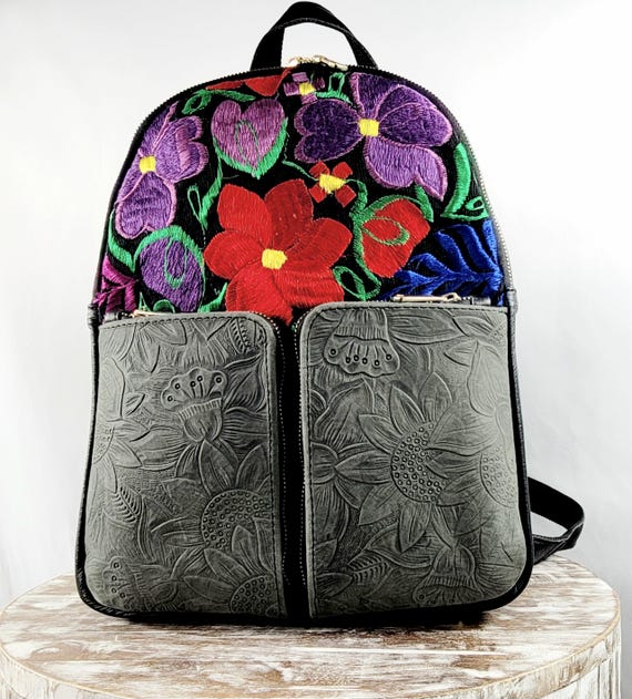 Mexican Leather Embroidered Backpack-black Backpack-mexican  display picture 1
