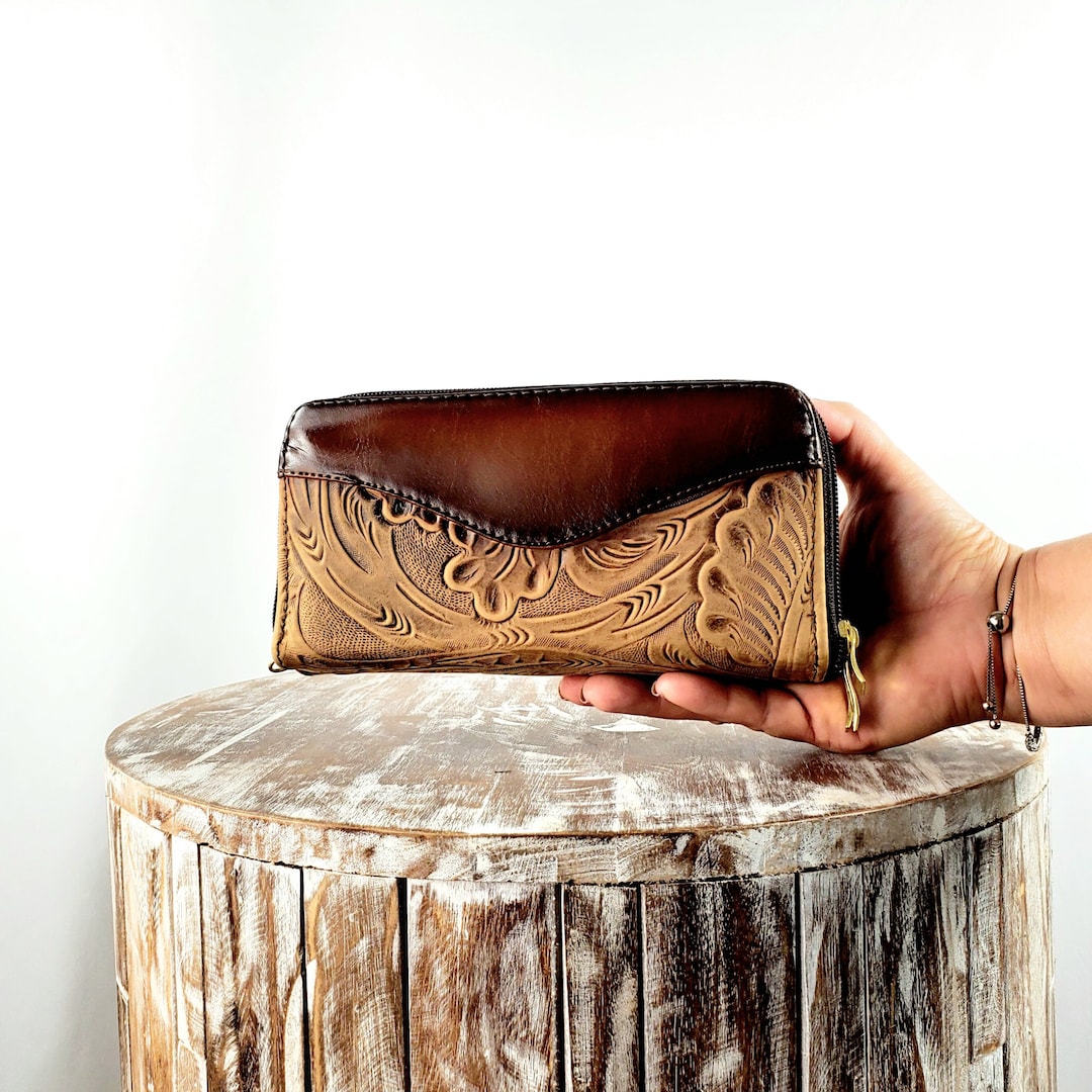 Mexican Leather Wallet Three Zippersmexican Flowersmexican Etsy