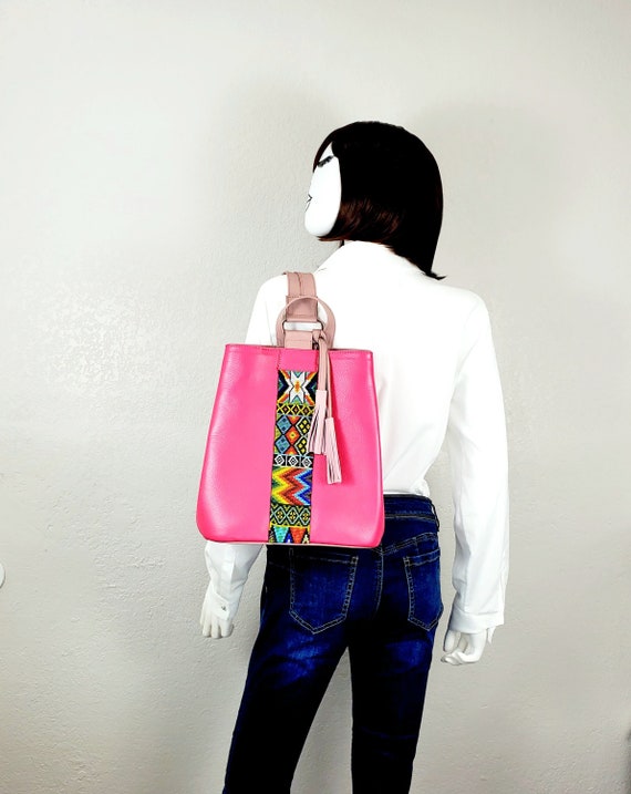 Mexican Backpack-artisanal Leather Backpack With Huichol Art  display picture 1