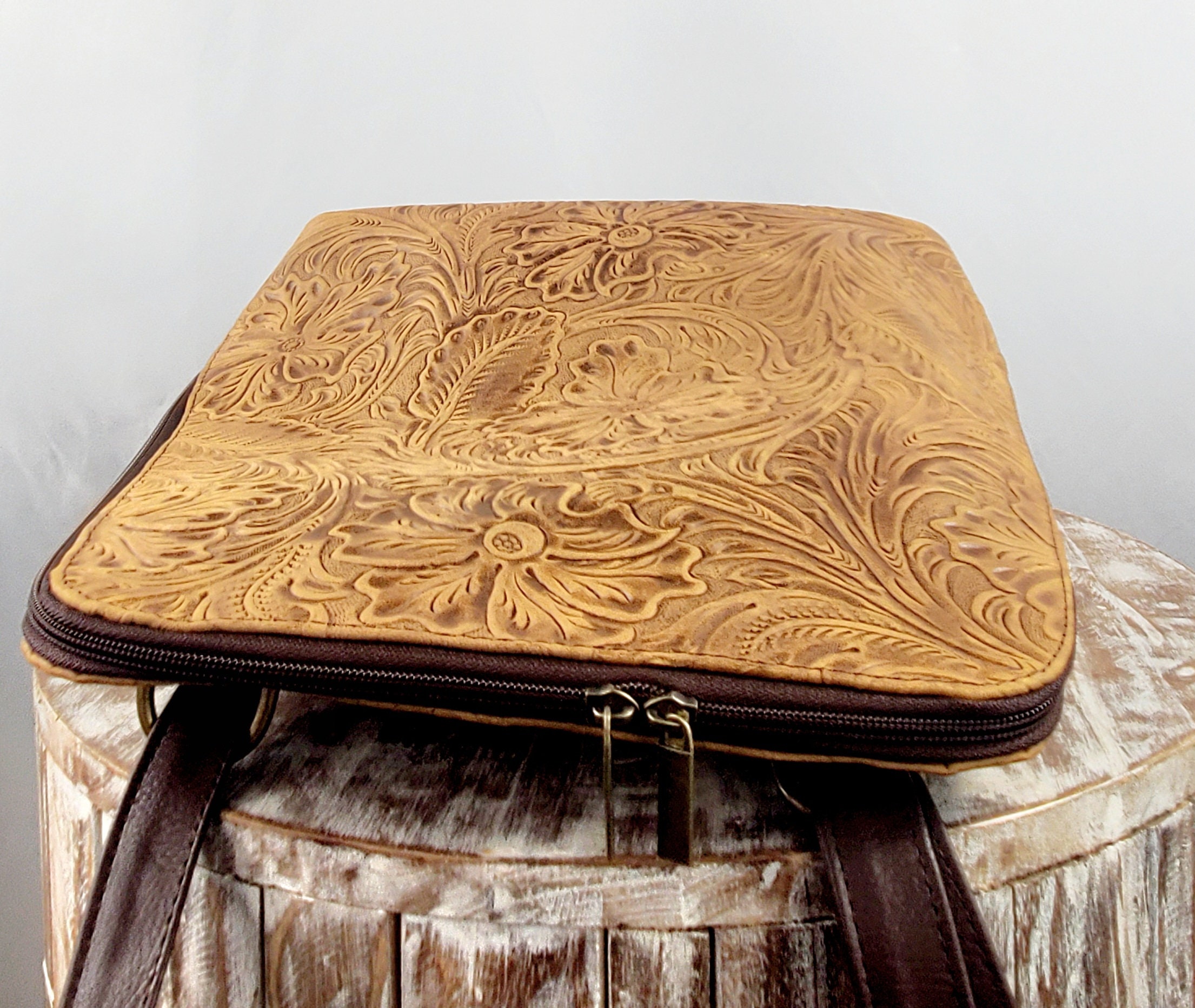 Handmade Tooled Leather Backpack: Mexican Floral Design - Etsy display picture 1