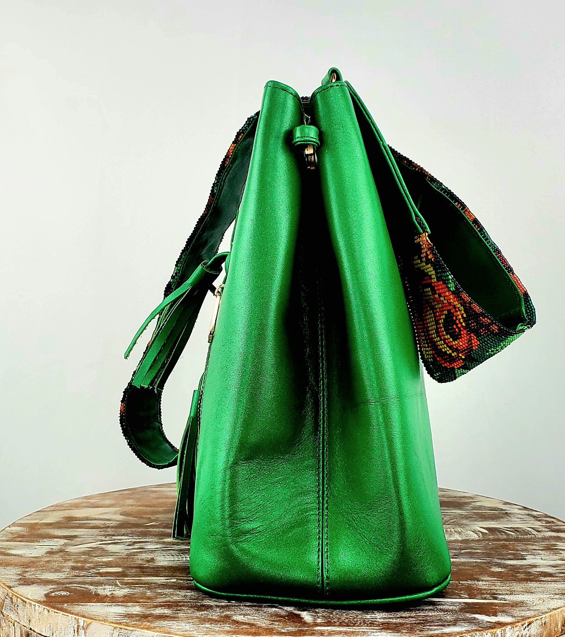 Mexican Backpack-artisanal Leather Backpack With Huichol Art  display picture 2