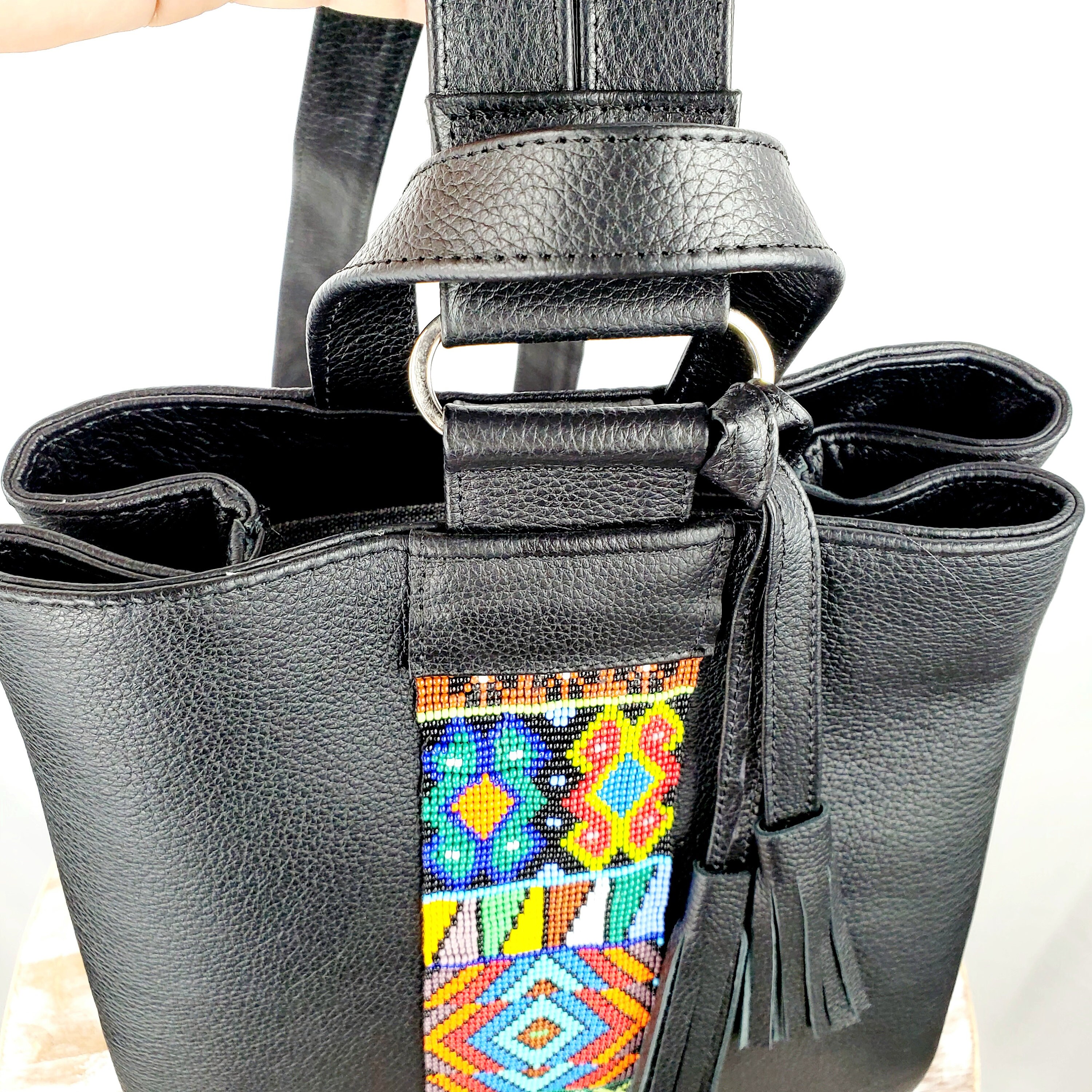 Mexican Backpack-artisanal Leather Backpack With Huichol Art  display picture 1