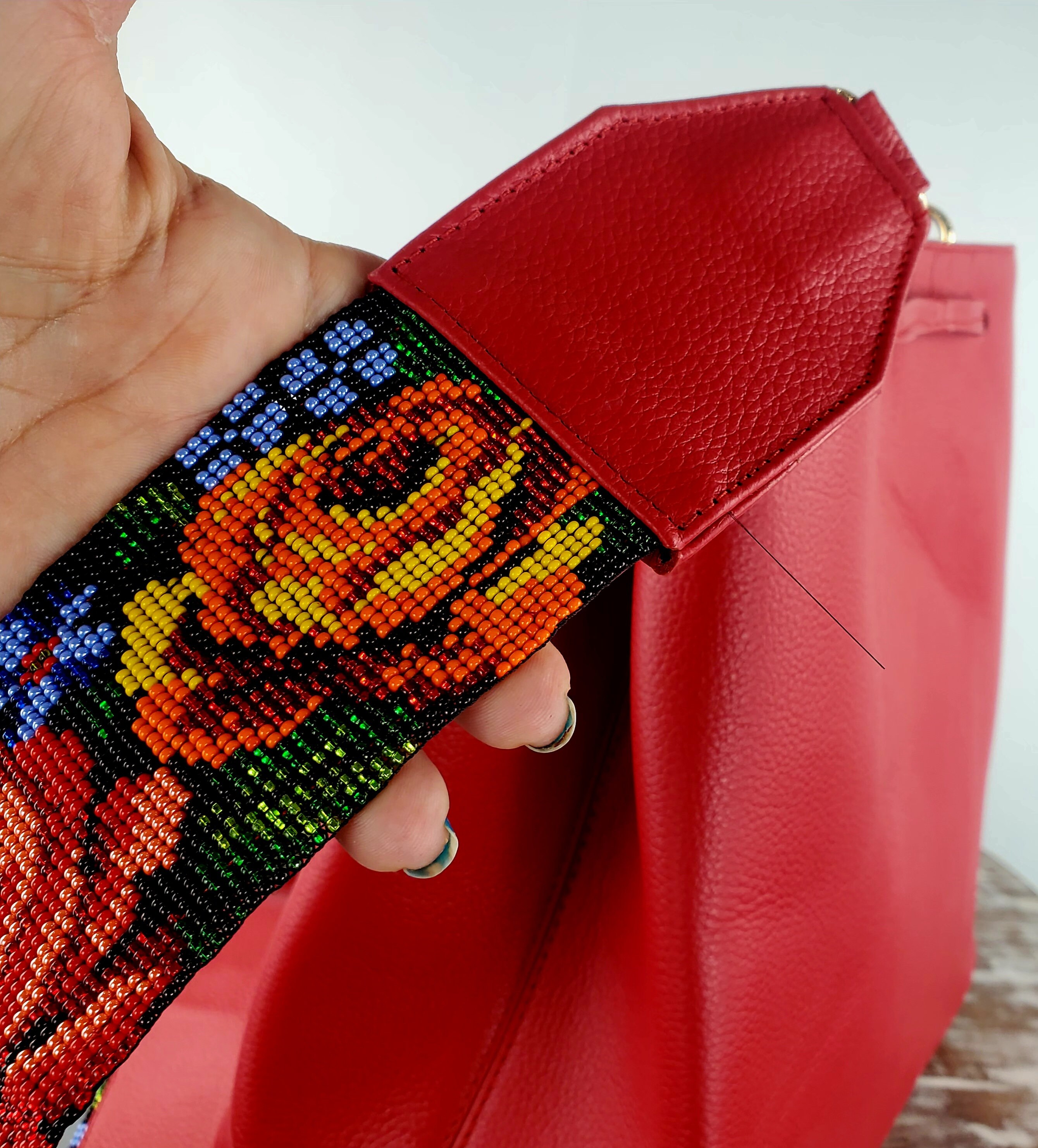 Mexican Backpack-artisanal Leather Backpack With Huichol Art  display picture 1