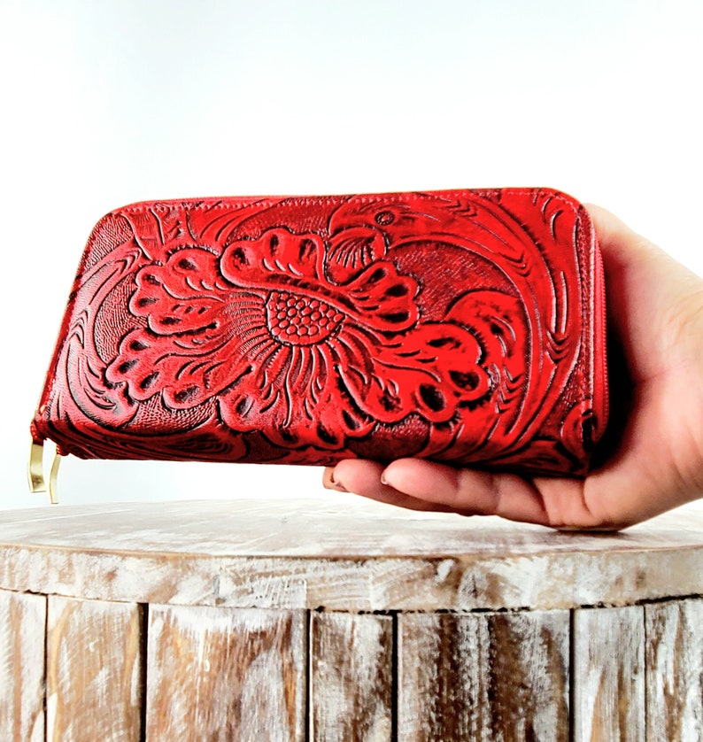 Mexican Leather Wallet Two Zippersmexican Flowersmexican Walletartisanal Walletcartera De