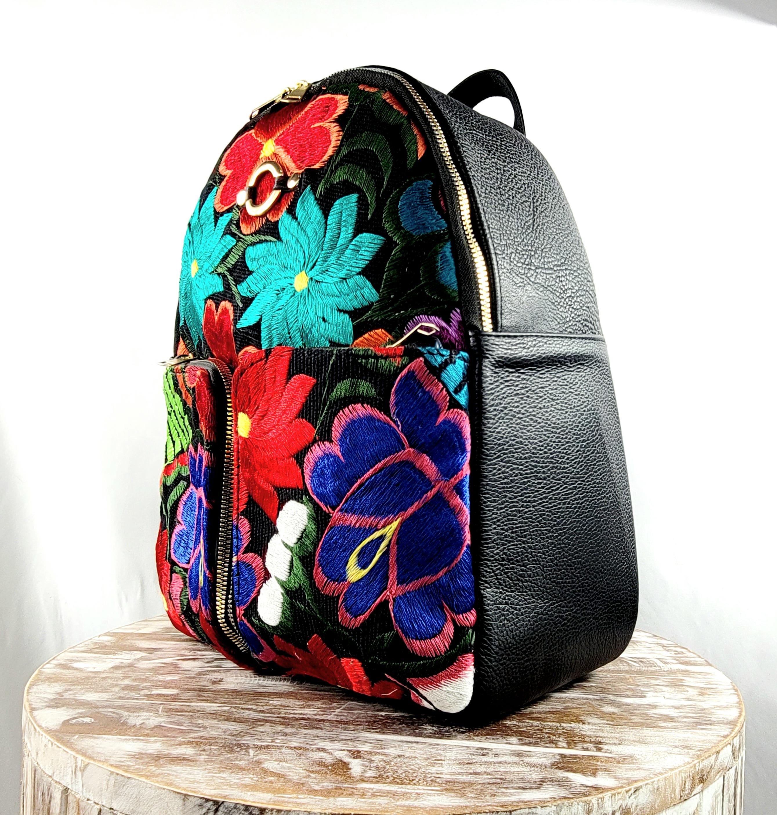 Mexican Leather Embroidered Backpack-black Backpack-mexican 