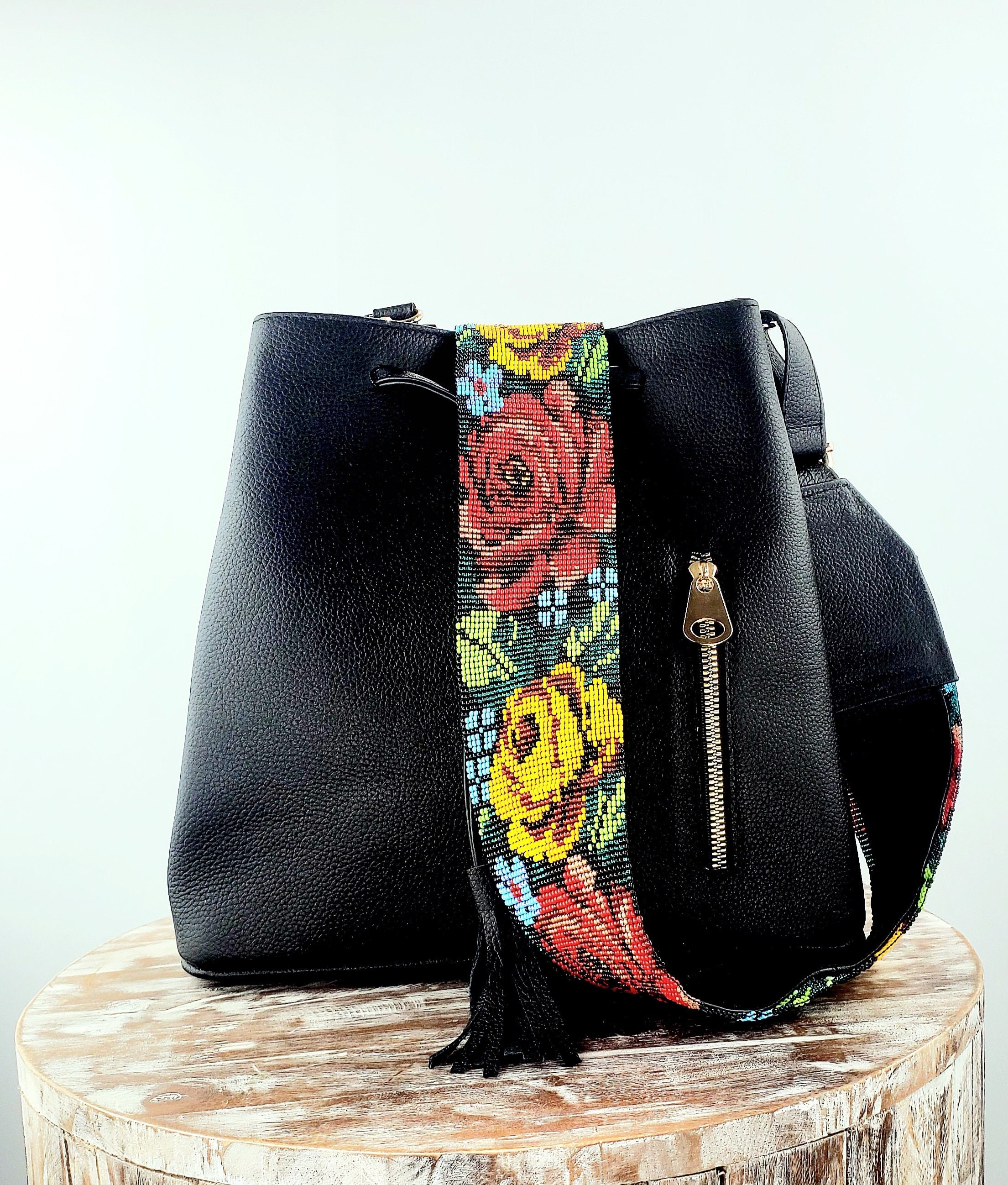 100% Leather back pack with huichol details Mexican Backpack-artisanal Leather Backpack With Huichol Art  main image 3