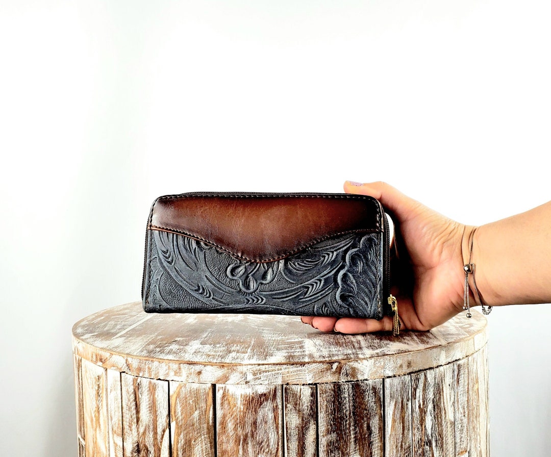 Mexican Leather Wallet Three Zippersmexican Flowersmexican Etsy