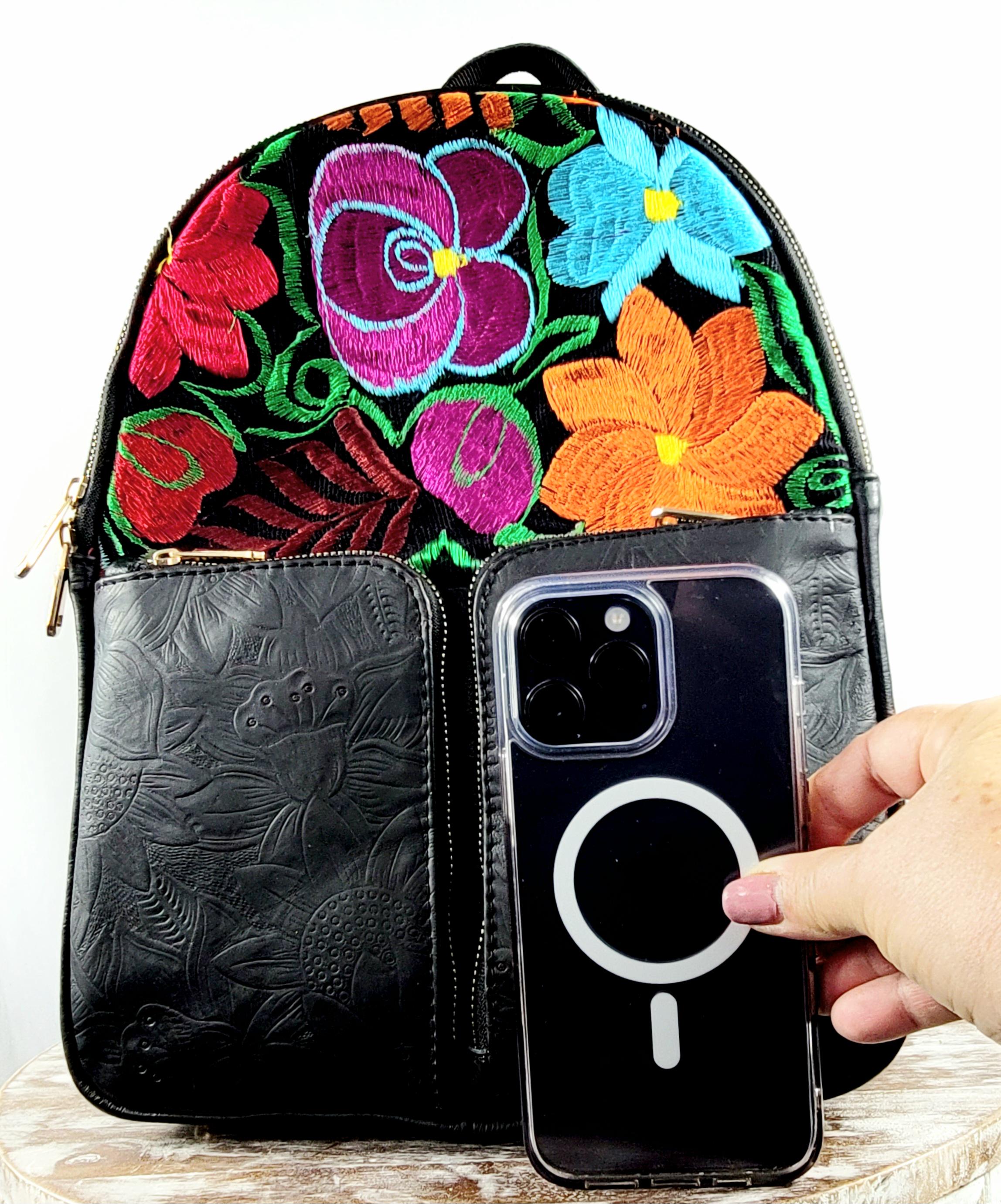 Mexican Leather Embroidered Backpack-black Backpack-mexican 