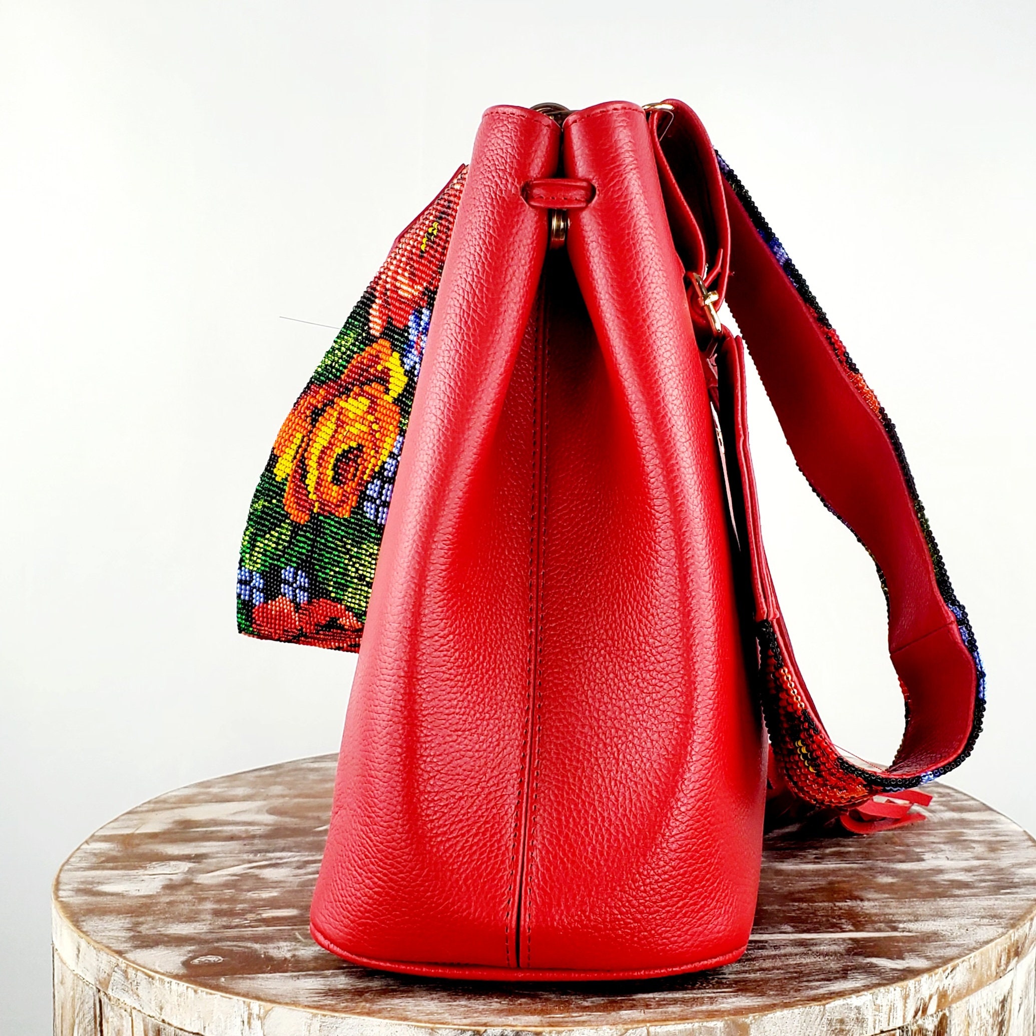 Mexican Backpack-artisanal Leather Backpack With Huichol Art  display picture 3