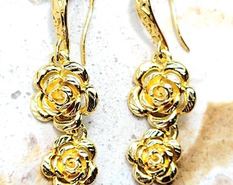 Gold Plated Rose Dangle Earrings – Mexican Brass Jewelry (1.75 in H)