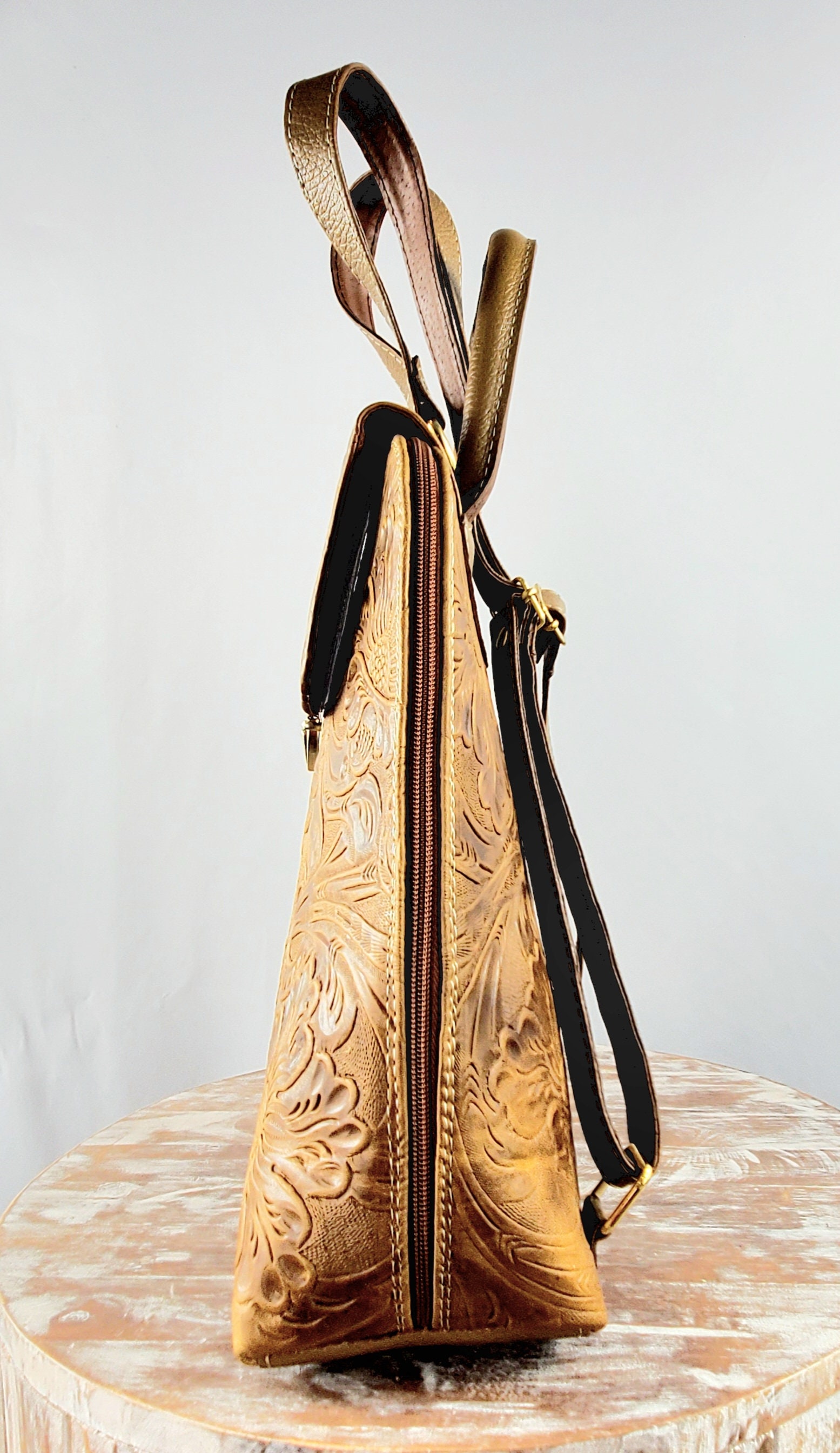 Vintage Tooled Genuine Leather Floral Brown‎ Backpack Made in Mexico il_fullxfull.3969966161_e2x6.jpg main image 4