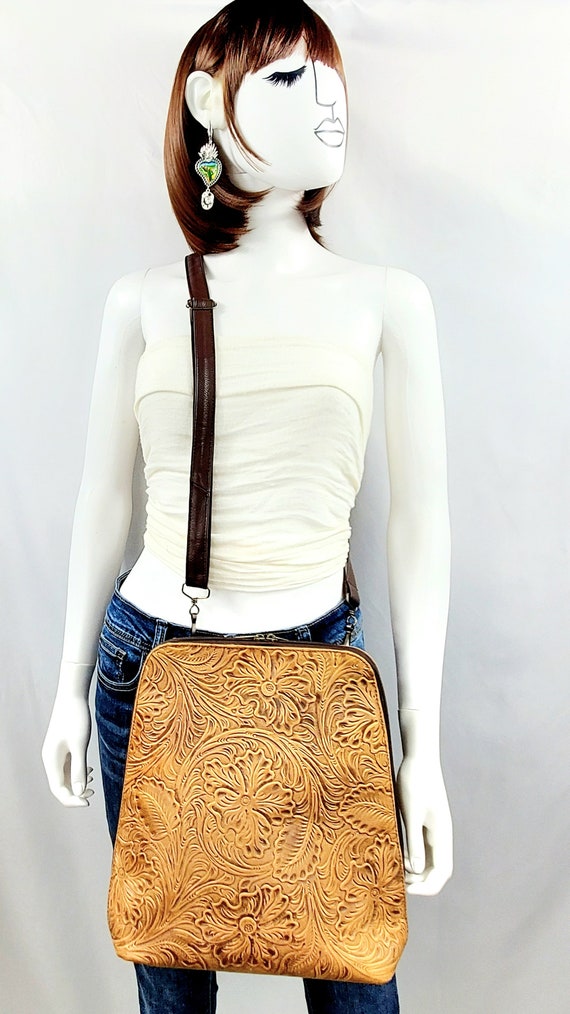 Handmade Tooled Leather Backpack: Mexican Floral Design - Etsy display picture 3