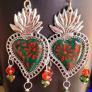 Mexican Earrings-Talavera style Mexican earring-Boho Earrings-Hand Painted Earrings-Sacred Heart-Valentine&#39;s Day