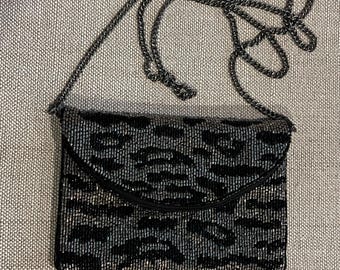 Black and Silver Animal Print Beaded Evening Bag