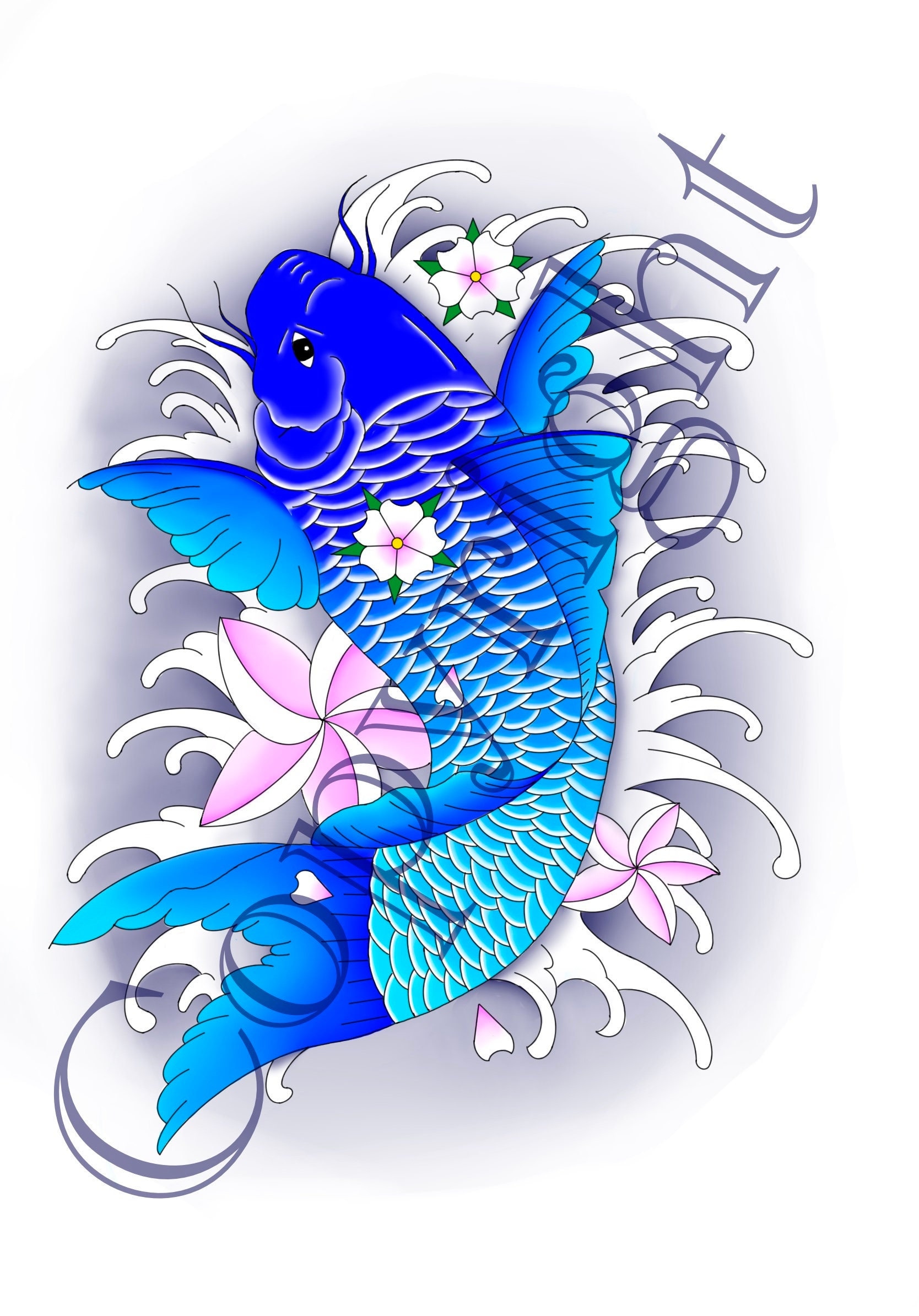 Japanese carp fish tattoo drawing in blue colors with watercolor Stock  Photo  Alamy