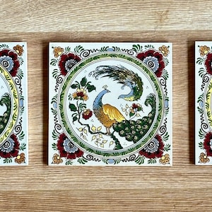 Vintage Hand-painted Multi Colored Delft Tiles / Paintings / Trivets- Dutch Peacock Marriage Scene - Made in Holland - 6" Sq - (3) Available