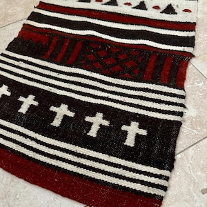 Vintage Ecuadorian Wall Decor Table Runner Rug • 100% Wool • Cross and Tree Design • Traditional South American Textile Art • A Great Gift