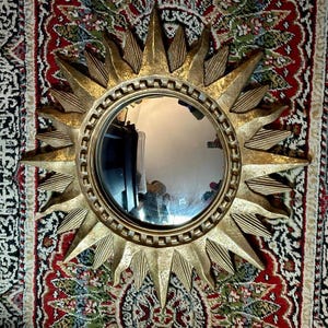 Vintage Mid Century Modern Style Star/Sunburst Accent Mirrors • 2 Available • Gilded Wood Frame with Convex Mirrors • Stunning Wall Decor