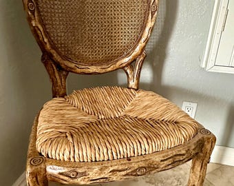 Ship to Atlanta - Vintage Faux Bois Dining Chair: French Country Cane Back & Wicker Seat