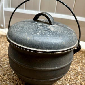 Antique 3-Footed Feet Cast Iron Cauldron Cowboy Kettle Pot w/Lid - Made in LA by Albert MFG - Very Rare - Rustic Camp Cookware Gift For Dad