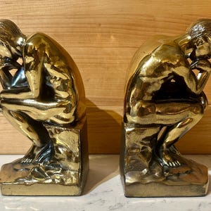 Vintage ICONIC Auguste Rodin &quot;The Thinker&quot; Brass Bookends / Paperweights - C 1928 Vintage Bookends - Midcentury Shabby Chic Book Décor