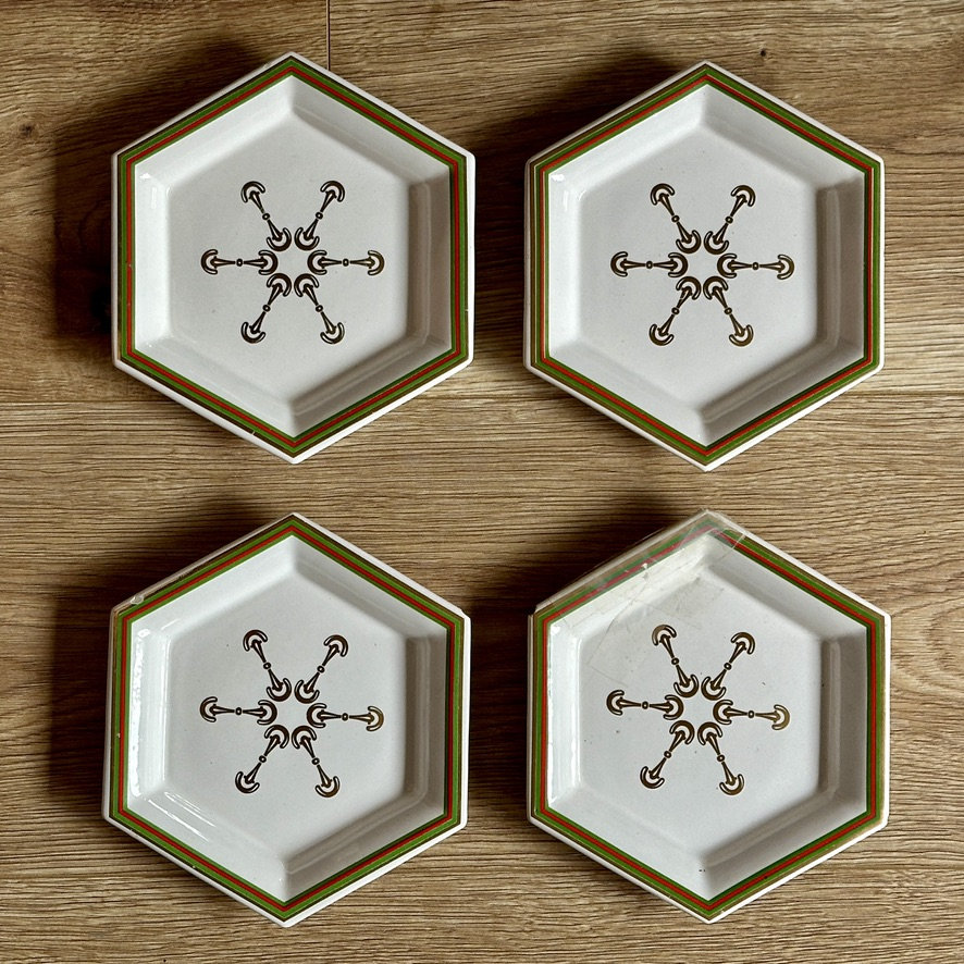 Vintage 1970s Gucci Horsebit Porcelain Hexagon 4 Plate Set in