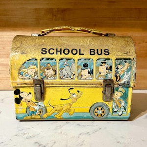 Vintage 1960s Walt Disney School Bus Metal Lunchbox w/Thermos featuring Mickey Mouse & Friends • By Aladdin Industries • Dome Lunch Pail