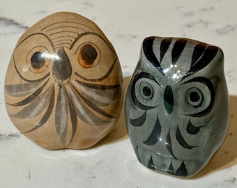 Vintage Tonala Ceramic Owls: Mexican Folk Art Decor, Set of 2