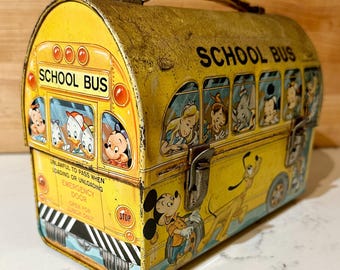 Vintage 1960s Walt Disney School Bus Metal Lunchbox W/thermos