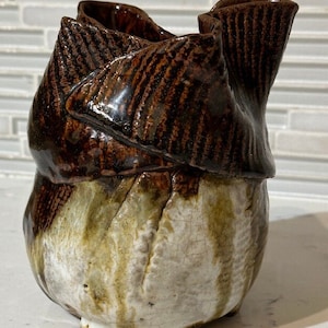 Vintage Studio Pottery Brutalist Abstract Ceramic Vase / Bowl / Object - Signed By Shirley - Style of Jean Hastings - 1 of a Kind Piece