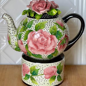 Vintage 2004 Jeanette McCall Ceramic Teapot & Warmer Icing on the Cake Roses Blue Sky - 3 pc set Pink Black Rose Design - Gifts for the Home