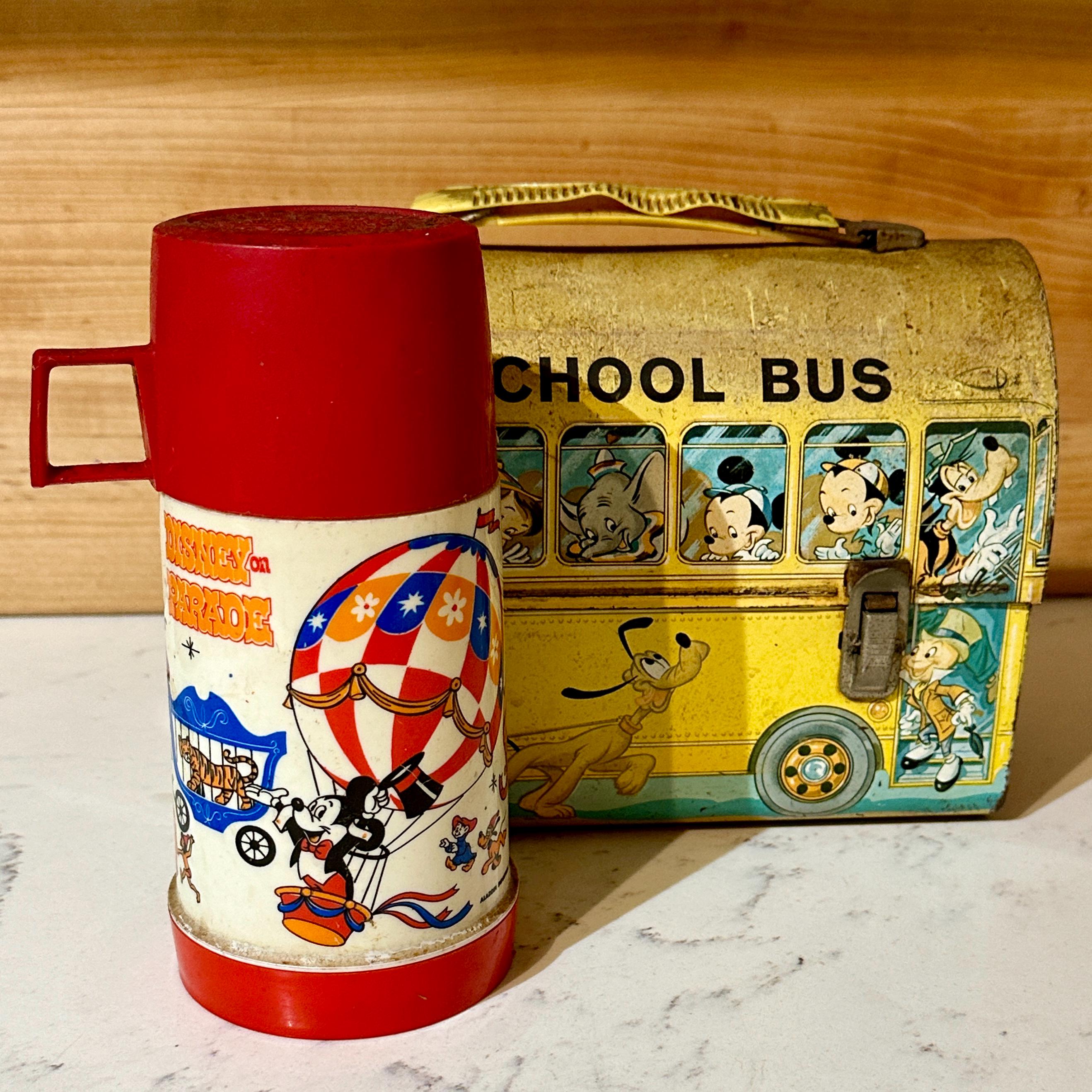 Vintage 1960s Walt Disney School Bus Metal Lunchbox W/thermos