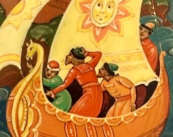 May include: A detailed illustration of a boat with a sun-faced sail and several figures in colorful attire. The boat is orange with intricate designs, and the figures wear red, green, and yellow clothing. The background depicts blue water and a hint of a green landscape.