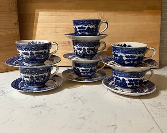 RARE VTG Blue Willow China Cups & Saucers Marked Japan