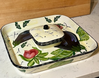 Vintage Italian Charcuterie Set: Hand-Painted Ceramic Serving Tray with Eggplant
