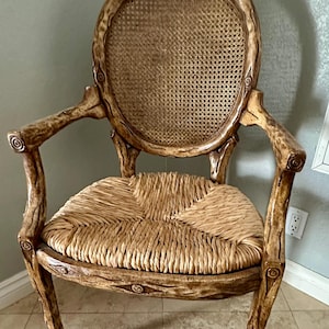 Vintage Faux Bois Dining Chairs w/Cane Backing and Wicker Seat • 6 Available • French Country Provincial Shabby Chic Style Carved Wood Chair