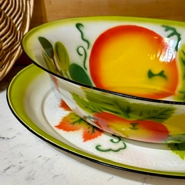 Vintage 1950s Japanese Enamelware Bowl & Platter Set: Apple Bumper