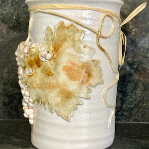 Vintage Wine Champagne Cooler Chiller Utensil Holder w/3D Grape Leaves • Made in California • Handmade Pottery • Great Wedding Shower Gift